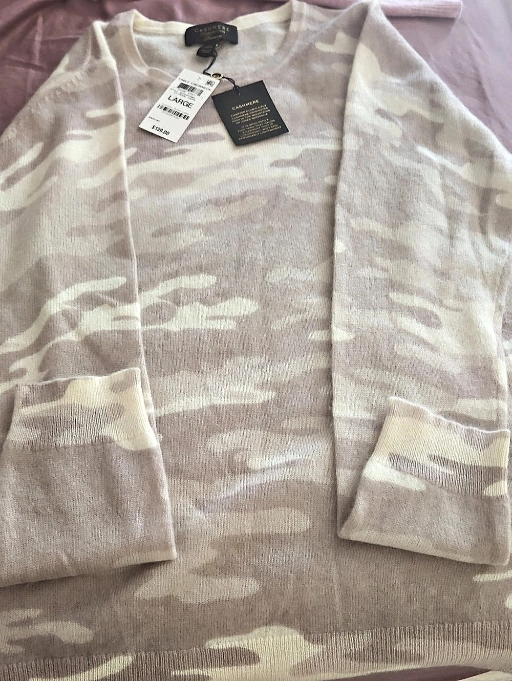 Cashmere Charter Club Camo Cashmere Sweater in Tan & White Size Large NWT